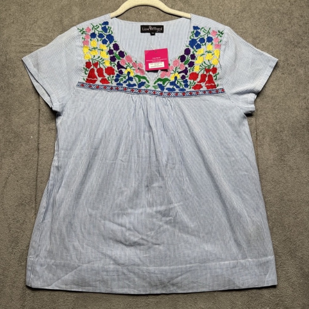 Lou & Grey Blue Striped Top with Multicolor Embroidery
